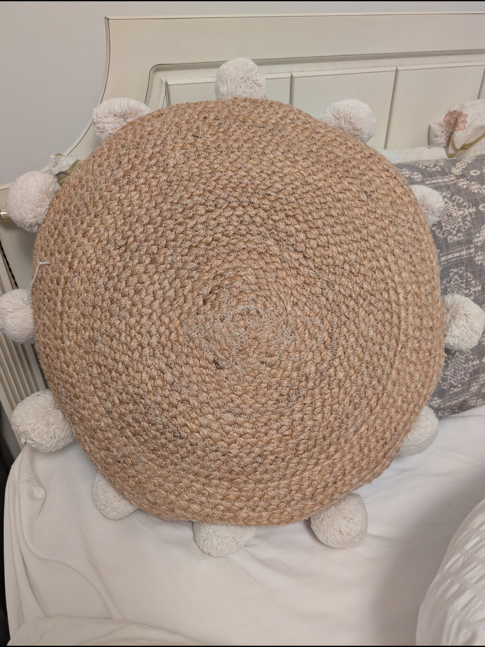 Bohemian Large Round Woven Jute Pillow With Pom Poms - Picture 3 of 13